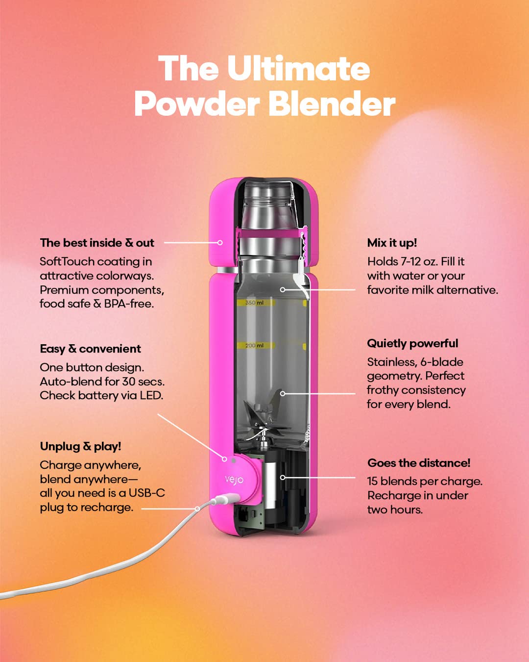 VEJO - 12oz Electric Protein Shaker Bottle