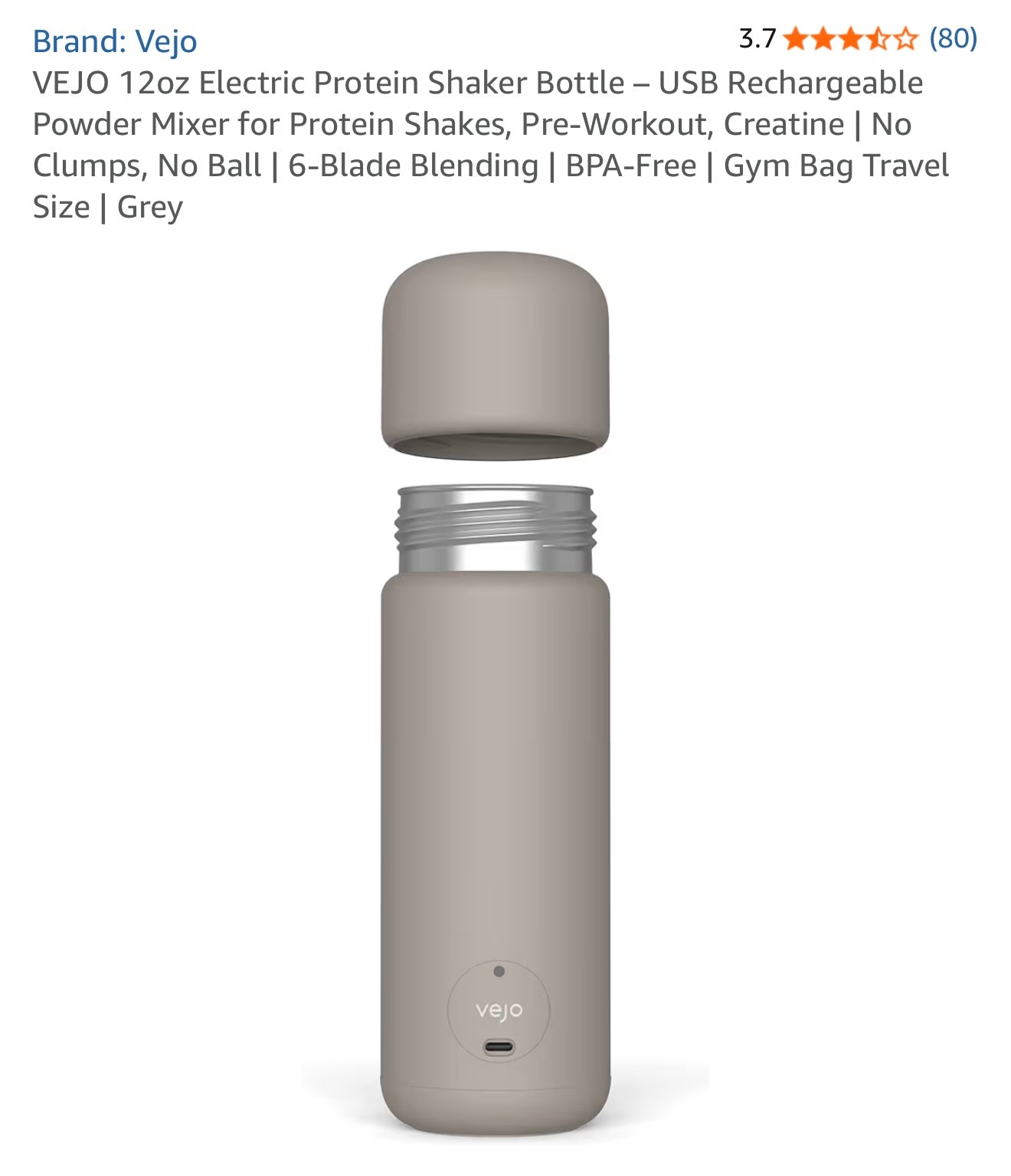 VEJO 12oz Electric Protein Shaker Bottle – USB Rechargeable Powder Mixer for Protein Shakes, Pre-Workout,