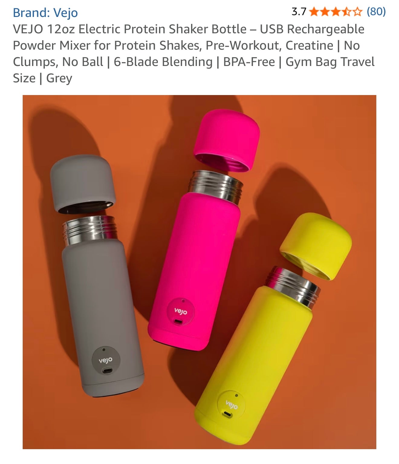 VEJO 12oz Electric Protein Shaker Bottle – USB Rechargeable Powder Mixer for Protein Shakes, Pre-Workout,