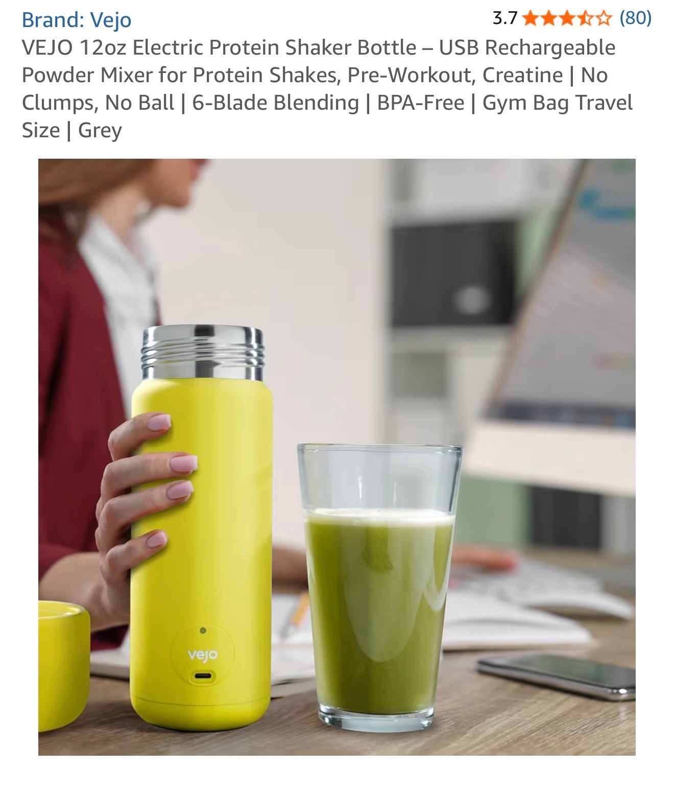 VEJO 12oz Electric Protein Shaker Bottle – USB Rechargeable Powder Mixer for Protein Shakes, Pre-Workout,